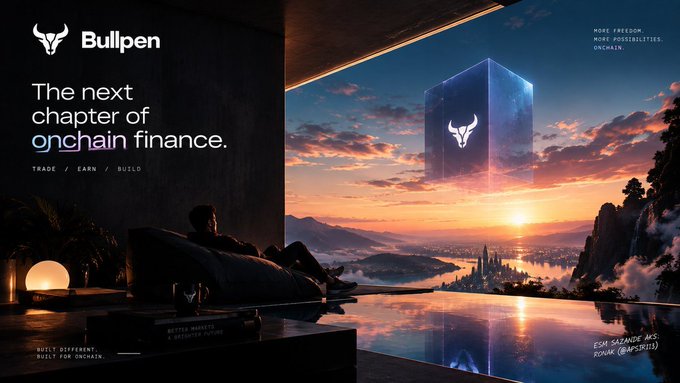 A sleek promotional banner for 'Bullpen' advertising 'The next chapter of onchain finance' with the tagline 'TRADE / EARN / BUILD' set against a sunset scene with a futuristic glass monolith.