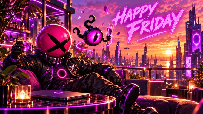 A stylized digital artwork of a character with a spherical helmet marked with an 'X' lounging in a futuristic rooftop bar at sunset, with 'HAPPY FRIDAY' written in neon pink text.