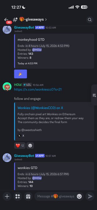 A Discord channel "#fl-giveaways" shows GiveawayBot posts for "monkeyhood GTD" (ending today at 4:53 PM, 143 entries) and "wonkies GTD" (ending in 6 hours at 6:57 PM, 144 entries), alongside a LCL announcement promoting the Wonkies and WonkiesCC0 Twitter community, matching the post's raffle callout for @MonkeyHoodNFT and @WonkiesCC0.