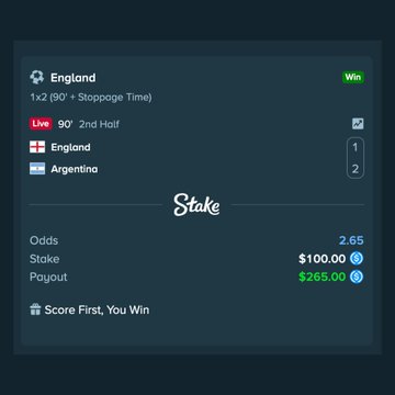 The image shows a Stake betting slip for a live soccer match where England leads Argentina 1-2 in the 90th minute, with a $100 stake on England to score first at 2.65 odds, resulting in a $265 payout. This relates to the post by showcasing Stake's "Score First, You Win" promotion, where bettors can back either team and still get paid as long as their chosen team scores first, regardless of the final result.