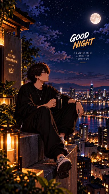 An anime-style illustration of a young man sitting on a ledge overlooking a nighttime city skyline with a full moon above, featuring text that reads 'GOOD NIGHT', 'A QUIETER MIND A BRIGHTER TOMORROW', and 'A BETTER TOMORROW' with a crown symbol.