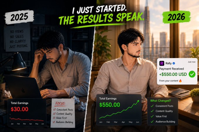 The image shows two men sitting at desks, one of them using a laptop while the other man is looking at his phone. The text above the image reads "I just started. The results speak. 2026. The results speak." This suggests that the image is related to a post about the progress of a project or an idea, possibly involving coding and AI.