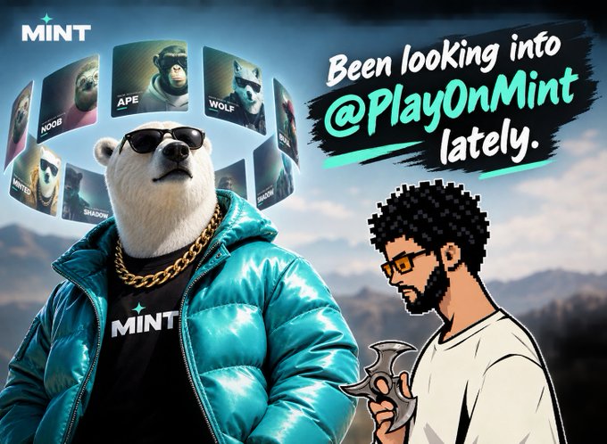 A promotional graphic for 'MINT' featuring a bear in a teal puffer jacket and sunglasses, with the text 'Been looking into @PlayOnMint lately.'