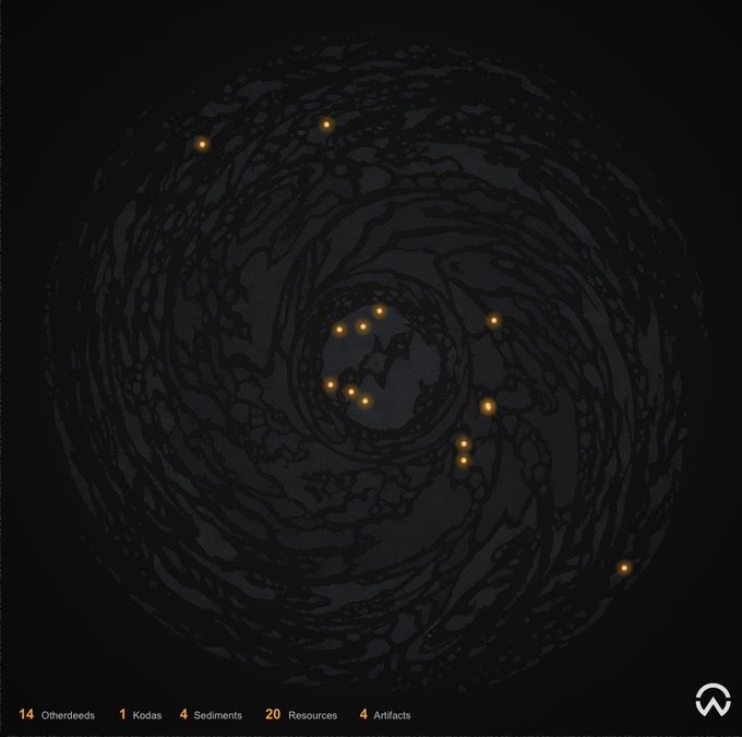A dark, spherical in-game resource map or star chart shows scattered orange glowing dots with a legend at the bottom reading '14 Otherdeeds, 1 Kodas, 4 Sediments, 20 Resources, 4 Artifacts' and a logo in the bottom right corner.