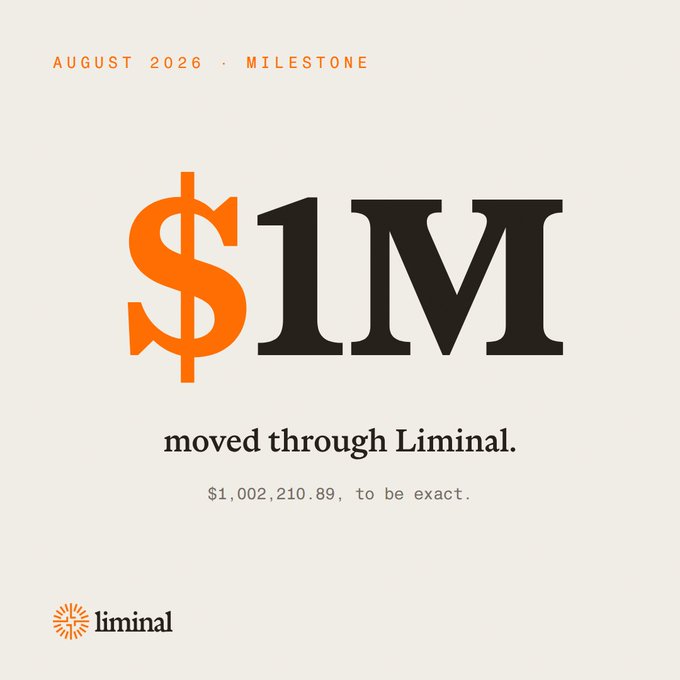 A milestone announcement from 'liminal' stating '$1M moved through Liminal.' in August 2026, with the exact figure '$1,002,210.89' noted below.