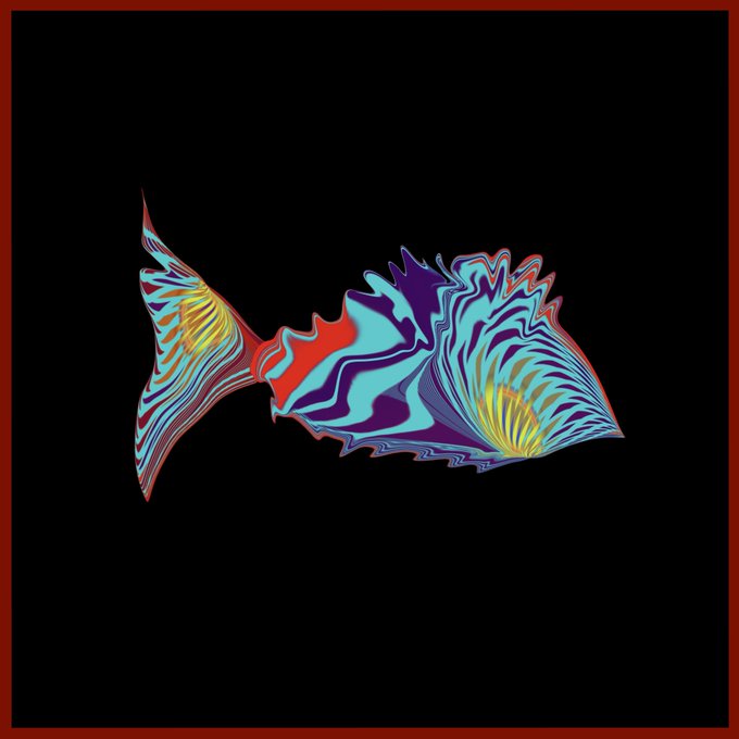 A vibrant, psychedelic illustration of a fish with swirling cyan, purple, red, and yellow patterns against a black background, bordered in red. The bold, trippy artwork complements the simple "Gn" caption, evoking a surreal, late-night vibe fitting for a "goodnight" post.