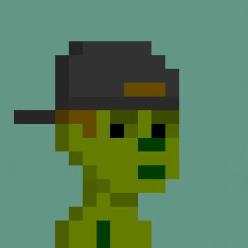 A low-resolution pixel art image of a green, blocky character wearing a dark cap.