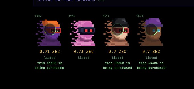 The image displays four pixelated, glitch-style zkSNARK characters (#3182, #3944, #4442, #9578) listed for sale on what appears to be a ZEC (Zcash) marketplace, with prices ranging from 0.7 to 0.73 ZEC and notes indicating some are "being purchased." The caption relates to the post by depicting the NFT "captains" being abandoned or sold off, symbolizing the author's exit from the zkSNARKs project after a disappointing experience.
