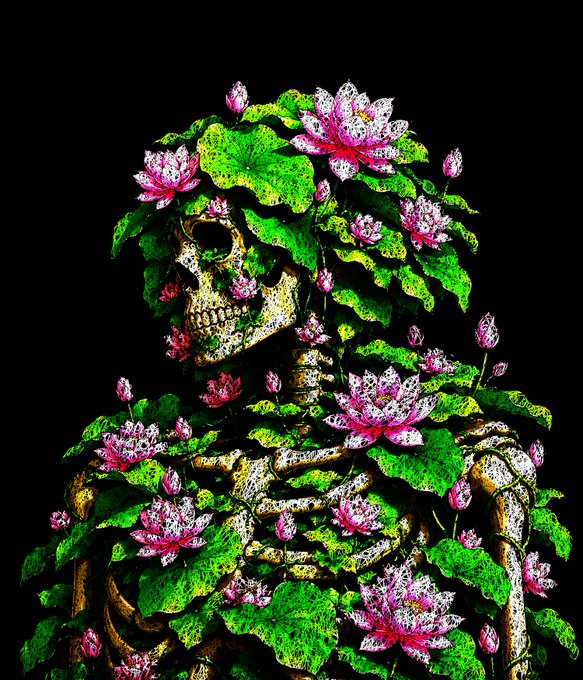 urn of a skeleton, adorned with pink and white flowers, is set against a black background.