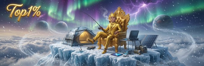 The image features an opulent golden "Top 1%" figure fishing while sitting on a throne above clouds, with a tent, solar panels, and a laptop—symbolizing elite luxury and self-sufficiency—alongside the text "Top1%" in gold lettering, fitting the celebratory tone of announcing Grok's randomly selected retweeters (@ChampAlphaX, @mellysweb3, @mhitimy) as winners.