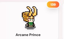 A pixel art character labeled 'Arcane Prince' showing a figure with deer antlers and a price tag of 139.
