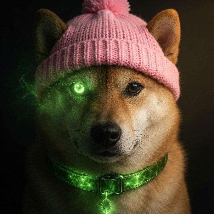 A Shiba Inu dog wearing a pink beanie and a glowing green collar, with one green-glowing eye, embodies the spirit of the "GM" (Good Morning) post for the SHIB community, with the dog being the iconic mascot of the Shiba token.
