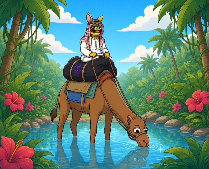 A cartoon character in traditional Middle Eastern attire riding a camel in a tropical jungle setting.