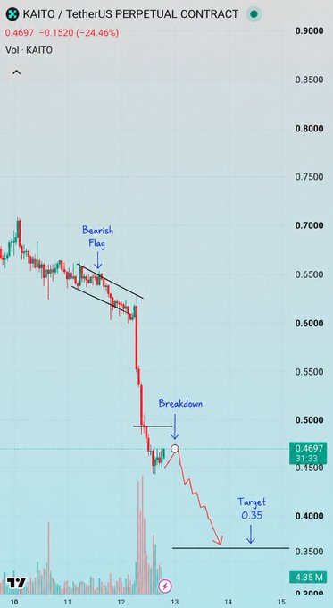 A KAITO/USDT perpetual contract chart shows a sharp -24.46% decline to 0.4697, annotated with a "Bearish Flag" pattern, a "Breakdown" near 0.50, and a projected "Target 0.35" — visually confirming the poster's bearish short setup targeting further downside.