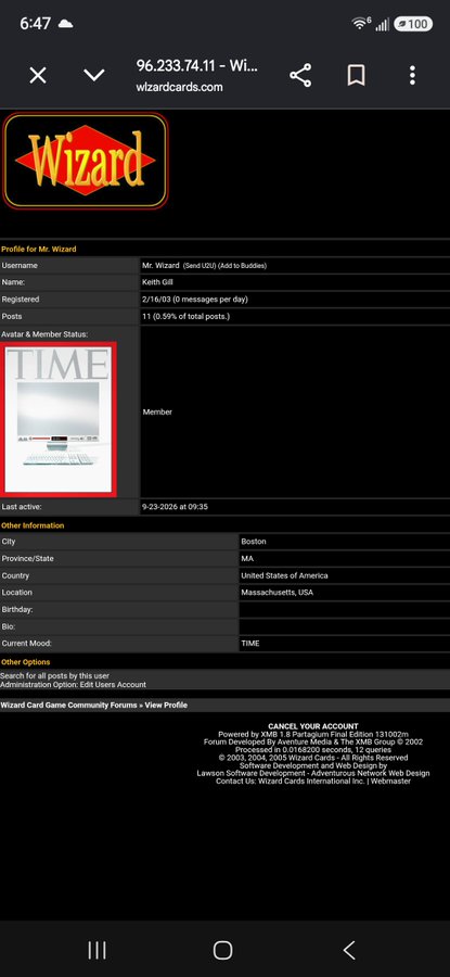 A mobile screenshot of a Wizard Card Game forum profile for user 'Mr. Wizard' (Keith Gill) showing registration date, 11 posts, location in Boston, MA, and avatar featuring a TIME magazine cover.