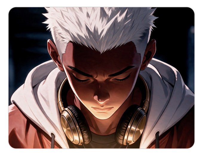 Anime-style illustration of a young man with spiky white hair, eyes closed, wearing a red hoodie and gold headphones around his neck.