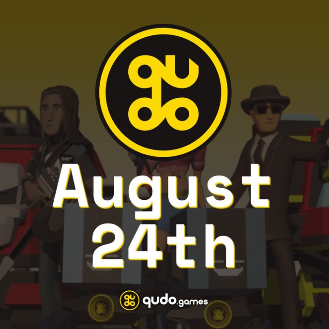 A promotional graphic for qudo.games featuring a yellow and black logo, announcing 'August 24th' with stylized 3D game characters visible in the background.