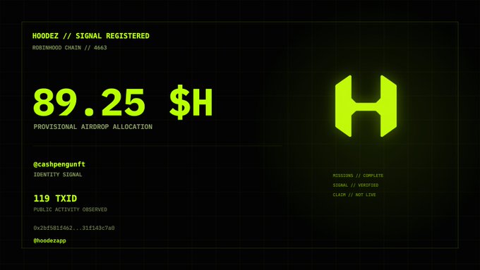 A dark digital interface displaying 'HOODEZ // SIGNAL REGISTERED' and 'ROBINHOOD CHAIN // 4663' with '89.25 $H PROVISIONAL AIRDROP ALLOCATION', '@cashpenguinft', and '119 TXID' alongside a glowing green 'H' logo.