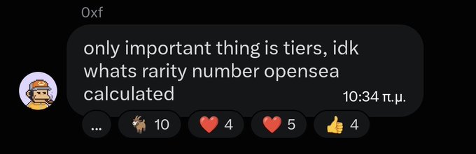 A Discord message from user "0xf" reads "only important thing is tiers, idk whats rarity number opensea calculated" with 10 reactions, 4 ❤️s, 5 ❤️s, and 4 👍s. The accompanying post announces an alpha drop for @CashmereLabs, with the image showing a community member's confusion about how OpenSea calculates rarity numbers, suggesting they value tier systems more than rarity rankings in the Cashmere Labs NFT project.