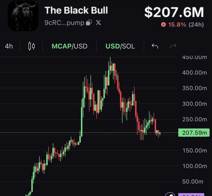 The image shows a 4-hour candlestick chart of the memecoin "The Black Bull" (9cRC...pump) with a market cap of $207.6M, down 15.8% in 24 hours, having peaked near $450M before pulling back. The chart illustrates the token's volatile parabolic rise and subsequent correction, supporting the post's claim about a high-potential memecoin already in active trading.