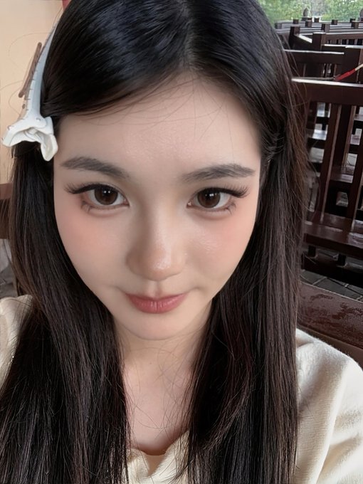 A close-up selfie shows a young woman with long dark hair, a white bow hair clip, soft makeup, and a cream-colored top, seated in a café or restaurant. The image matches the accompanying post’s casual check-in, with her looking directly at the camera as if greeting friends after getting back.