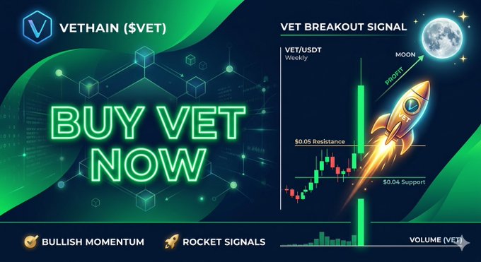 The image is a promotional graphic for VeChain ($VET) featuring a "BUY VET NOW" call-to-action alongside a VET/USDT weekly candlestick chart labeled "VET BREAKOUT SIGNAL," which shows the price breaking through $0.05 resistance with $0.04 support and a rocket trajectory marked "PROFIT" heading toward the moon.

This visual reinforces the post's bullish thesis by illustrating the "next leg up" narrative—pairing the breakout chart and exchange-supply-drying-up warning with rocket and moon imagery to suggest VET is poised for an imminent rally that retail investors shouldn't miss.