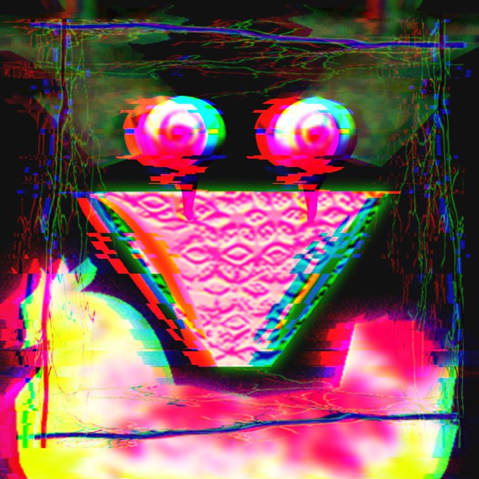 The image features a digital art piece with a face made of triangles, giving it a unique and abstract appearance. The face has two eyes and a mouth, adding to its distinct character. The background of the artwork is black, which contrasts with the colorful elements on the face. The image also contains text that reads "sui @mederu_art objkt.com/tokens/KT1T1nF ...". This suggests that the artist has created this piece for a specific purpose or audience and possibly shares their work on social media platforms to showcase their artistic skills and engage with others who appreciate digital art.