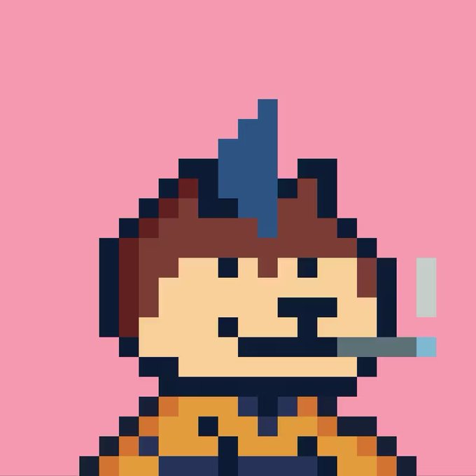 A pixel-art portrait shows the Dogefather, a Shiba Inu-like figure, against a pink background, with a blue tuft and a turquoise pipe. The caption, “gmgm I’m Dogefather. My Doges call me daddy,” matches the image’s playful meme persona.