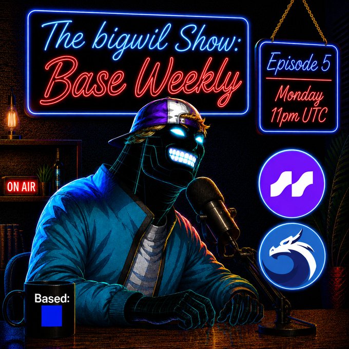 A neon-lit promotional graphic for "The bigwui Show: Base Weekly - Episode 5" airing Monday 11pm UTC, featuring a masked robotic host with a glowing grin speaking into a microphone alongside Avantisfi and Base logos. The image ties directly to the announcement of episode 5's guest, highlighting Avantis's leveraged trading platform and upcoming V2 launch.