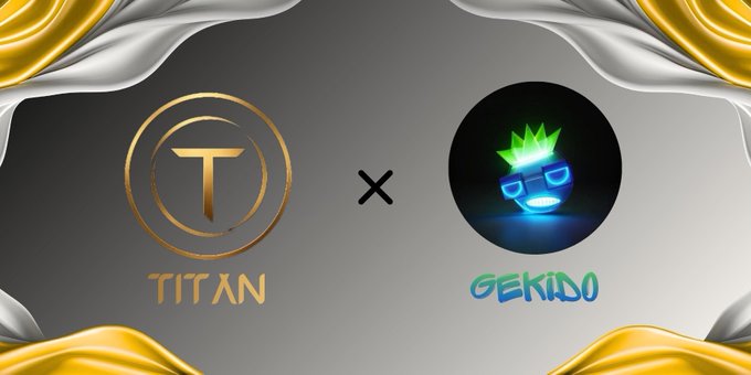 A promotional graphic with a gray background and golden and white satin curtains, displaying two circular logos: a gold 'T' for TITAN on the left and a blue character with green spiky hair for GEKIDO on the right, separated by an 'x'.
