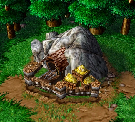 An isometric video game asset showing a mining camp with a large gray rock, a wooden structure, and piles of gold coins set against a grassy background with pine trees.
