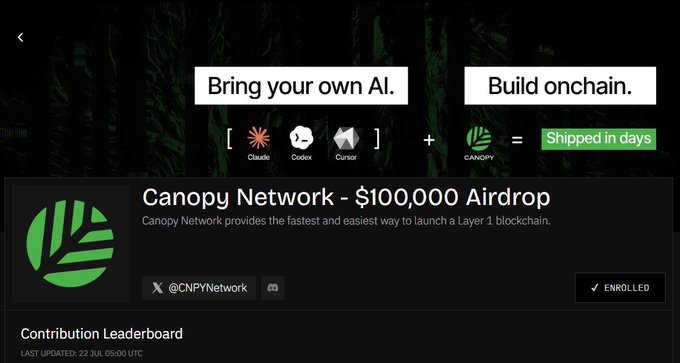 A promotional banner for Canopy Network advertising a $100,000 airdrop, showing AI tools (Claude, Codex, Cursor) combined with Canopy to ship Layer 1 blockchains onchain in days.
