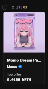 A digital collectible card titled 'MOMO' depicting a pink-haired anime character, listed as a 'Top offer' at '0.0166 WETH' on what appears to be a marketplace interface.