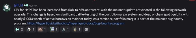 A Discord message from "jeff_hi" announces that LTV for HYPE has been raised from 50% to 65% on testnet, with a mainnet update expected in the following network upgrade, supporting the post's bullish sentiment around the $HYPE token.