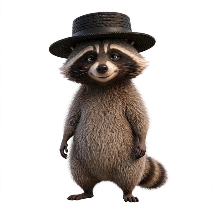 A 3D-rendered raccoon character stands upright wearing a black wide-brimmed hat, smiling with a bushy striped tail visible behind it.