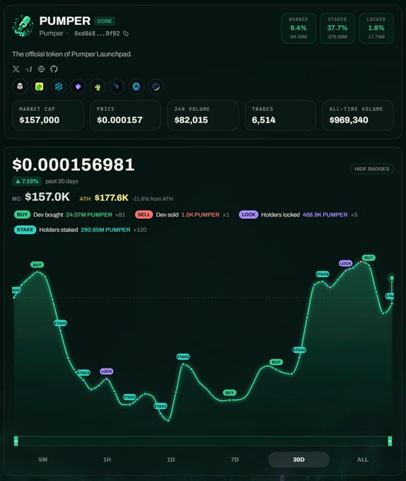 A cryptocurrency dashboard showing the PUMPER token (contract: 0xd868...8f82) with a market cap of $157,000, price of $0.000157, 24H volume of $82,015, and a 30-day price chart.