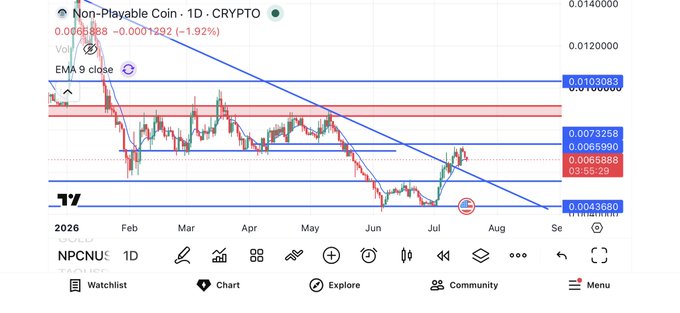 A TradingView daily candlestick chart for Non-Playable Coin (NPCN) on CRYPTO, showing price decline from approximately 0.0103 to 0.00658 with EMA 9 overlay.