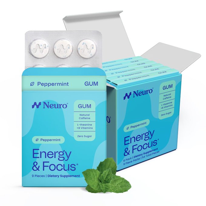 Two packs of "Neuro" brand Peppermint Energy & Focus gum, described as containing natural caffeine, L-theanine, B vitamins, and zero sugar.