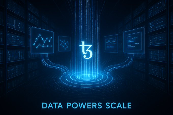 A futuristic blue tech-themed graphic with a central stylized logo, data charts, server racks, and the tagline 'DATA POWERS SCALE'.
