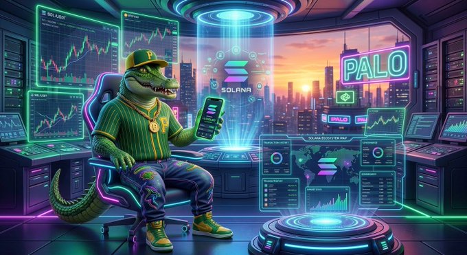 A digital illustration of an anthropomorphic alligator dressed in green and gold streetwear, sitting in a gaming chair and holding a smartphone, surrounded by trading charts and neon 'SOLANA' and 'PALO' displays in a high-tech room.