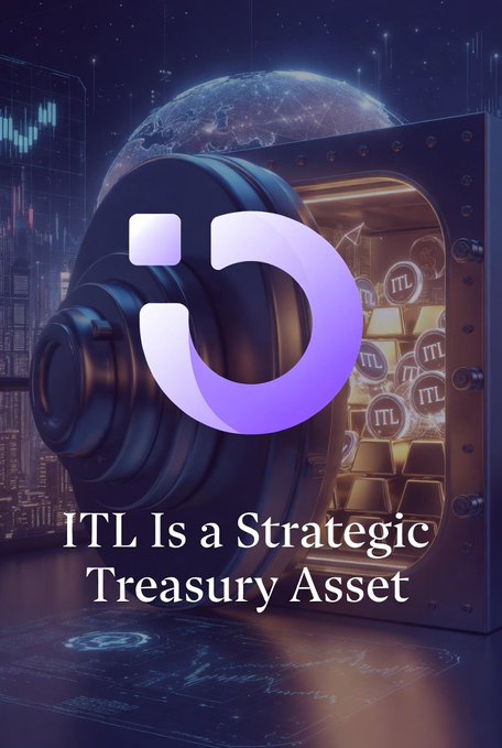 A promotional graphic stating 'ITL Is a Strategic Treasury Asset,' featuring the ITL logo in front of an open safe filled with ITL coins, with a cityscape and globe in the background.