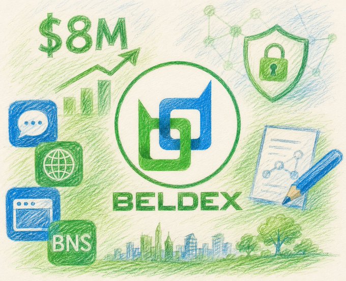 A colorful, hand-drawn style illustration promoting 'BELDEX' cryptocurrency, showing $8M, growth charts, and various digital icons.