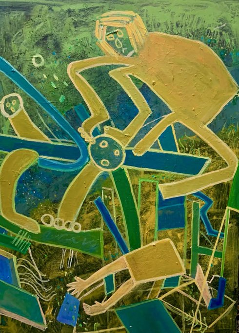 An abstract painting depicting stylized figures in gold and blue against a green background.