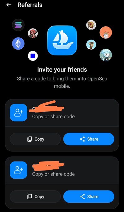 An OpenSea mobile referrals screen displaying 'Invite your friends' with sailboat branding, profile icons, and two share codes (redacted in orange) with Copy and Share buttons.