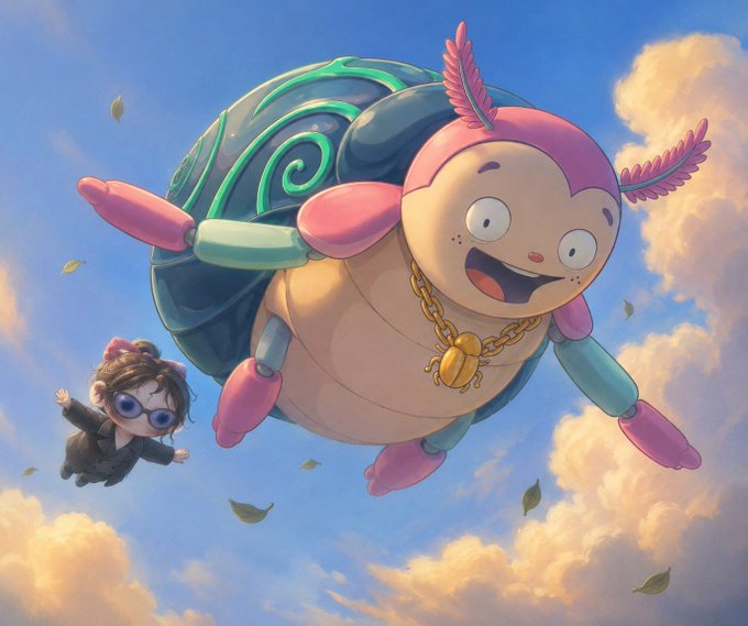 A whimsical flying turtle-like creature with a pink axolotl face, sporting a gold scarab necklace, soars through a sunny sky alongside a small girl wearing sunglasses. The image illustrates the playful, fantastical tone of welcoming "pyopyopyopyo" as a new UnVault partner, with the winged creature and adventurous child embodying the soaring growth of "The Hive."