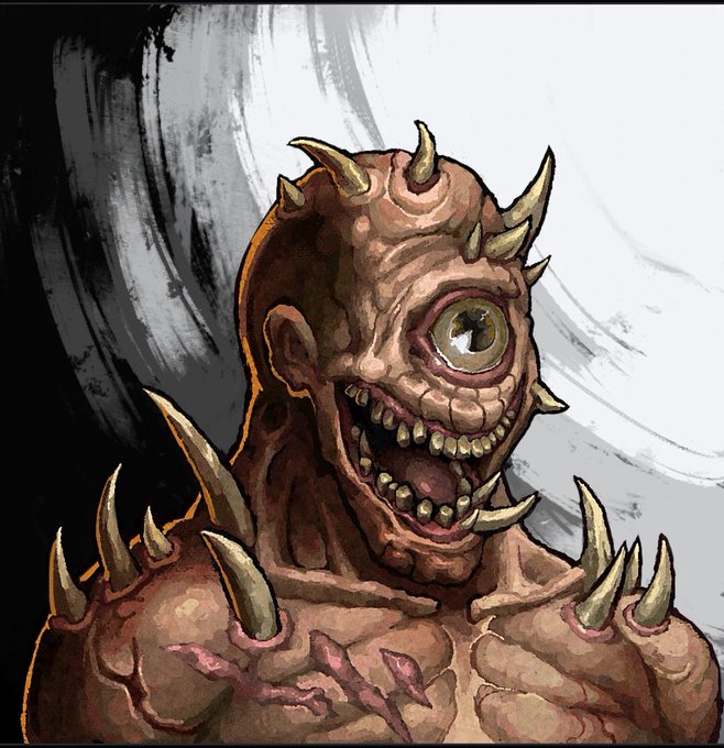 A dark, horror-style illustration of a one-eyed horned monster with sharp teeth and spiked shoulders, rendered in a painterly comic art style.