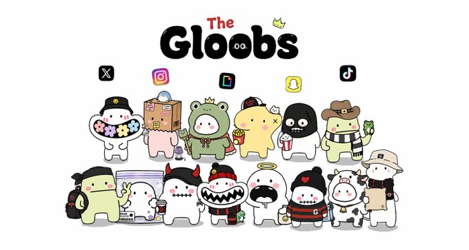 A promotional graphic for 'The Gloobs' featuring social media icons (X, Instagram, TikTok, Snapchat) above two rows of cute, round mascot characters in various costumes.