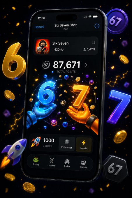 A smartphone displays the "Six Seven Chat bot" app interface showing a user profile "Six Seven" with 1,420 followers and 87,671 total points, set against a dark background with glowing "6" and "7" graphics, hands holding the numbers, floating coins, and a rocket. The image promotes the @sixsevenapp as a user-friendly chatbot experience, visually emphasizing the app's gamified points system and easy accessibility highlighted in the testimonial.
