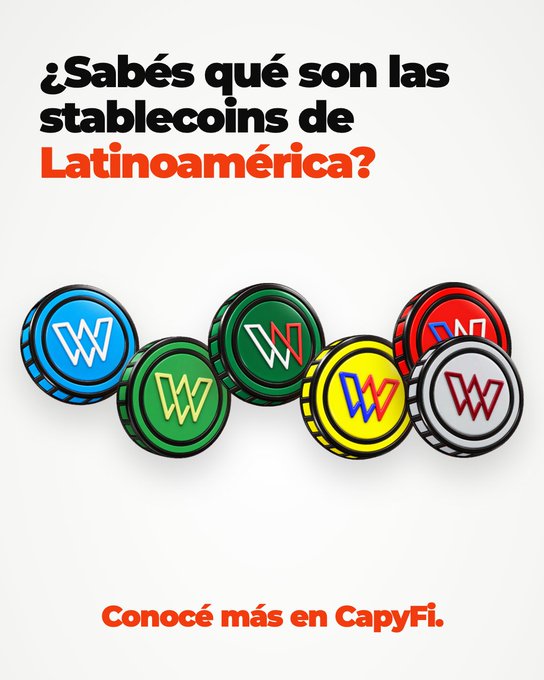 A Spanish-language promotional graphic asking '¿Sabés qué son las stablecoins de Latinoamérica?' with colorful casino chip graphics and the text 'Conocé más en CapyFi.'