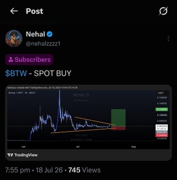 A tweet from crypto analyst @nehalzzzz1 (Nehal) titled "$BTW - SPOT BUY" displays a TradingView chart of Bitcoin/USDT on Binance from July 16-18, 2026, featuring a technical pattern with orange trendlines and a projected green target zone around $109K-$110K, promoting the trade as a "Subscribers" exclusive call that allegedly delivered a +180% gain.
